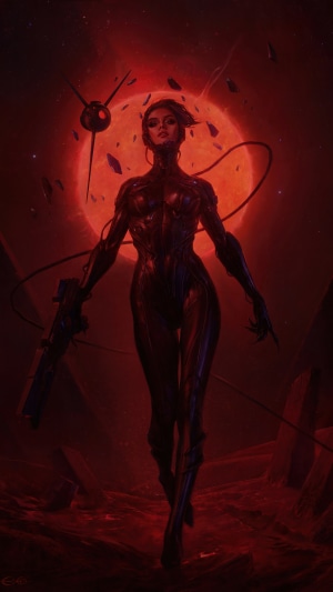 Woman in futuristic suit with gun and red planet
