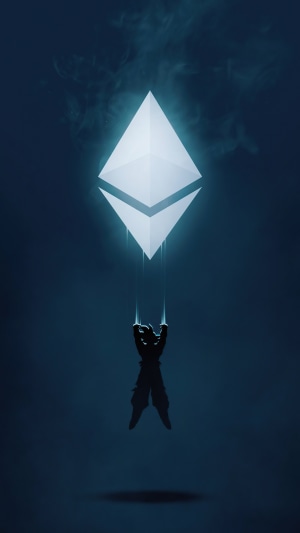Goku from Dragon Ball hanging from Ethereum symbol