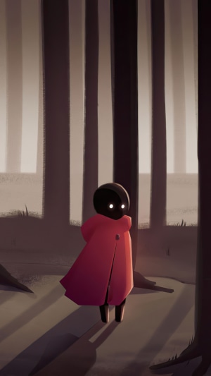 A figure in a red cloak in a forest