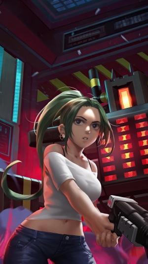 Girl with green hair holding a gun
