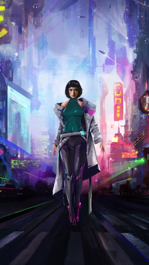 Woman walking in a futuristic cyberpunk city