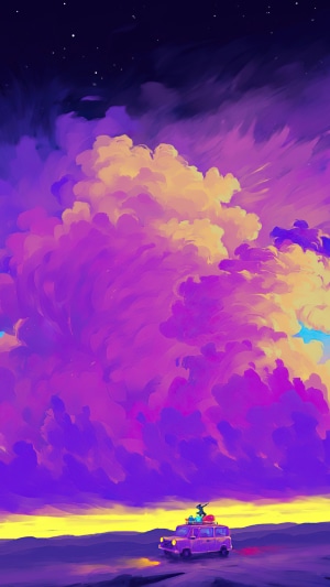 Digital Art of a Car Traveling Under a Purple and Yellow Sky
