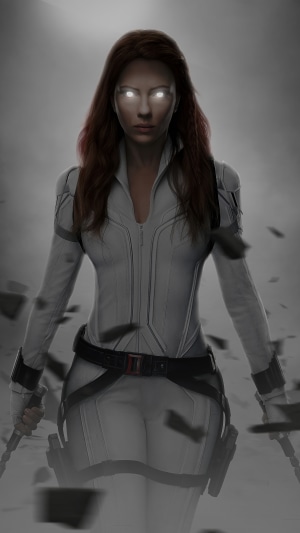 Black Widow in white suit with glowing eyes