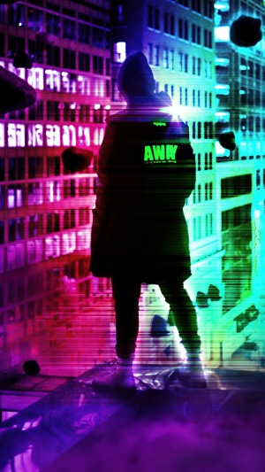 Person in cyberpunk city with "AWAY" on jacket