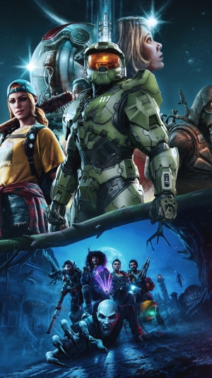 Master Chief and allies from Halo, with a zombie horde below