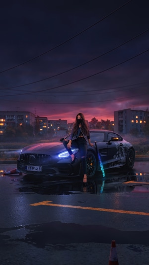 Woman in mask with Mercedes car at dusk