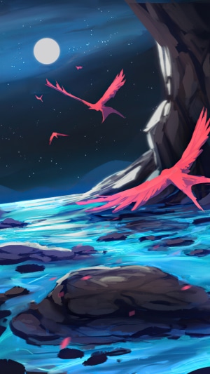 Pink birds flying over water under moon