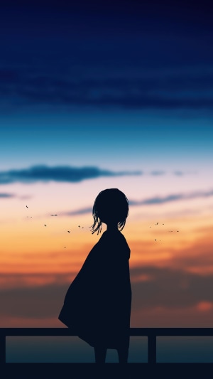 Anime girl silhouette at sunset