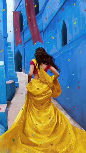 Woman in Yellow Saree in Blue Alleyway