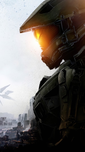 Master Chief from Halo in a destroyed city