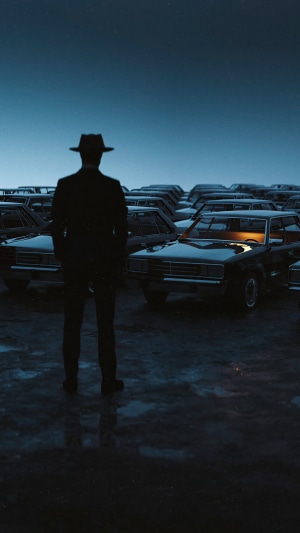 Man in hat standing in a car lot at night