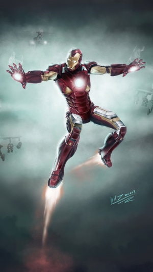 Iron Man in flight with helicopters
