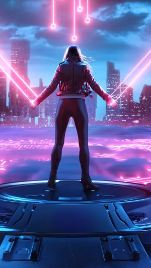 Woman with neon swords in futuristic city