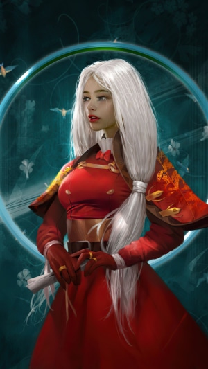 Artwork of a woman with white hair in a red dress