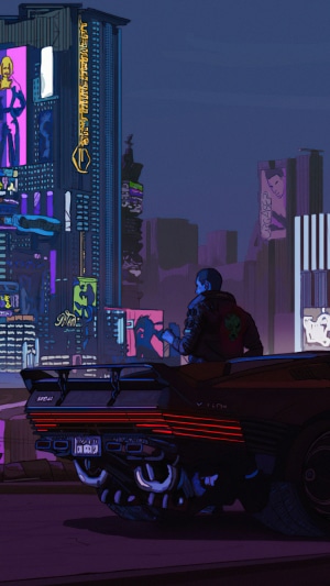 Cyberpunk 2077 artwork of a person by a car