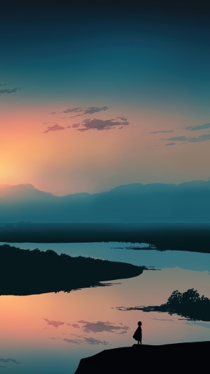 Digital art of a lone figure at sunset