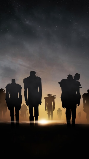 Silhouettes of robots walking under a starry sky