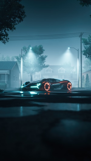 Lamborghini Terzo Millennio concept car on a wet street
