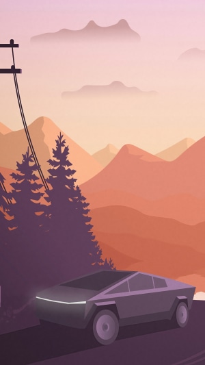 Minimalist artwork of a Tesla Cybertruck at sunset