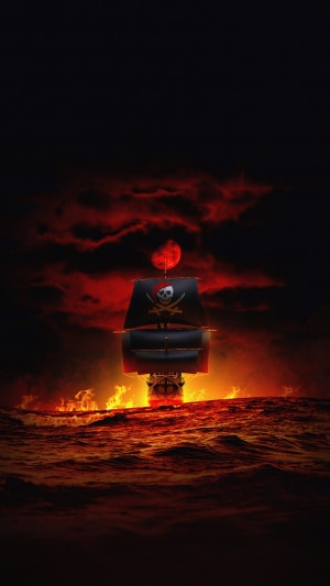 Pirate ship sailing on fiery ocean under red moon