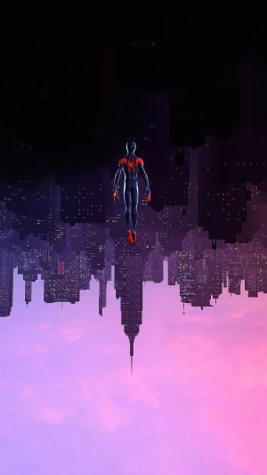 Spider-Man from Spider-Verse flying over a city at dusk