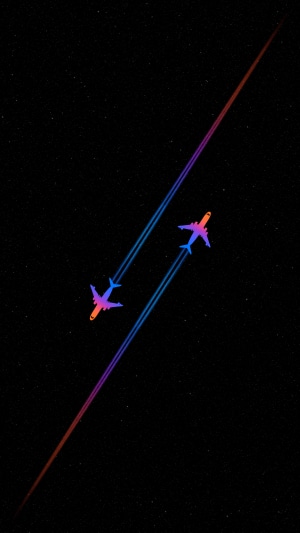 Two minimalist airplanes leaving colorful trails in a starry night sky