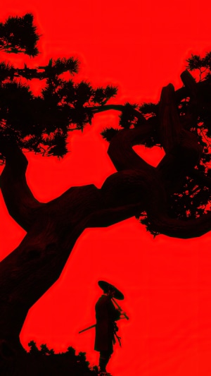 Samurai with sword and hat under a tree