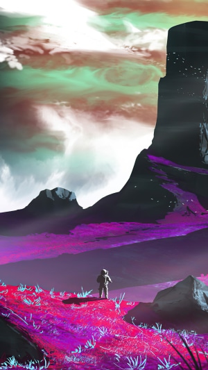 Astronaut on an alien planet with purple flora