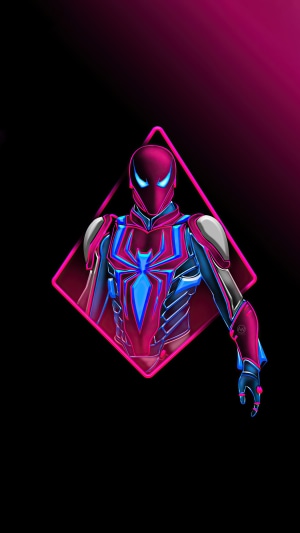 Spider-Man artwork with neon pink and blue suit