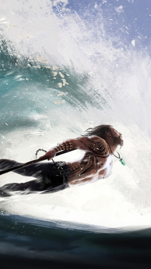 Aquaman swimming through a wave