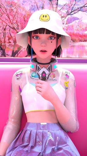Anime girl with bucket hat and futuristic collar