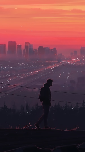 Man walking on a hill overlooking a city at sunset