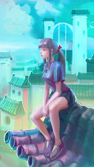 Anime girl sitting on a giant hand overlooking a city
