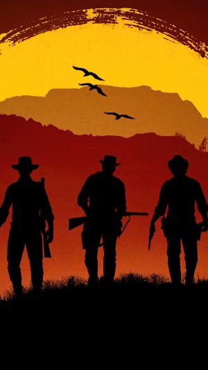 Silhouettes of three cowboys against a sunset in Red Dead Redemption 2