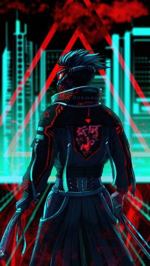 Cyberpunk ninja with swords and mask
