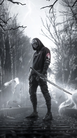 Warrior with sword in a dark forest with lightning