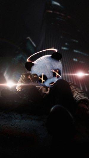 Panda mask artist with glowing eyes and halo