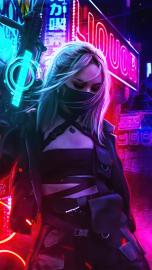 Cyberpunk woman with a gun in a neon city