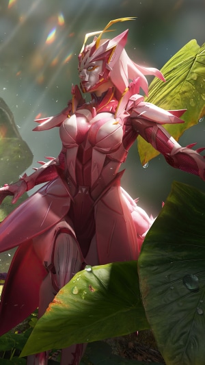 Pink armored character with insect-like features