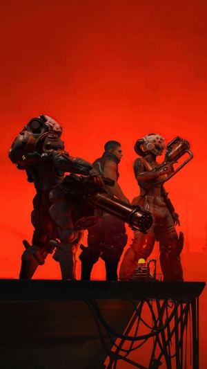 The Ascent characters with weapons on red background