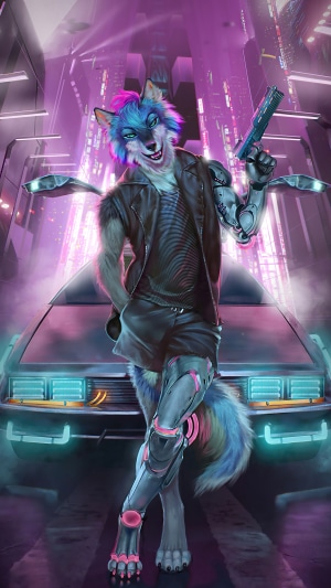 Cyberpunk wolf with robotic arm and gun