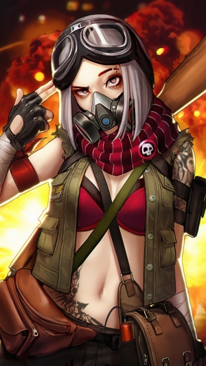 Post-apocalyptic woman with gas mask and baseball bat