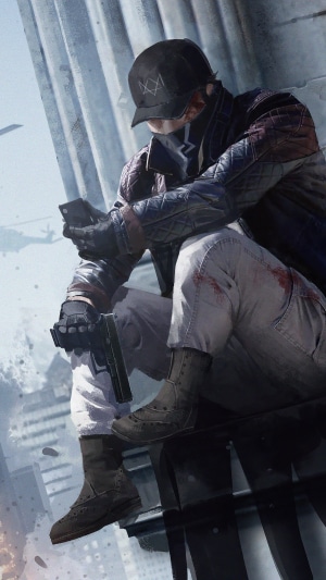 Aiden Pearce from Watch Dogs sitting on a ledge with a gun