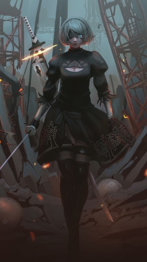 2B from Nier: Automata in a ruined industrial area