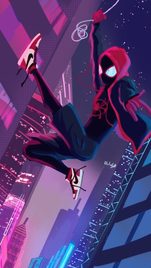 Spider-Man Miles Morales swinging through a neon city