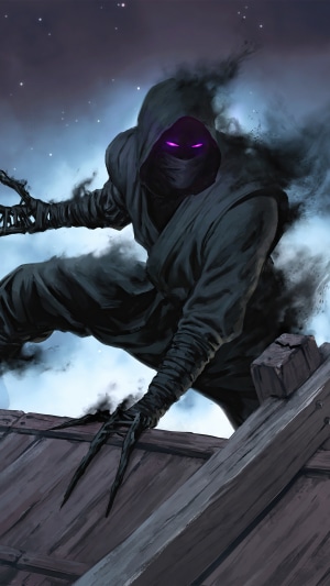 Shadowy figure with purple eyes on a rooftop
