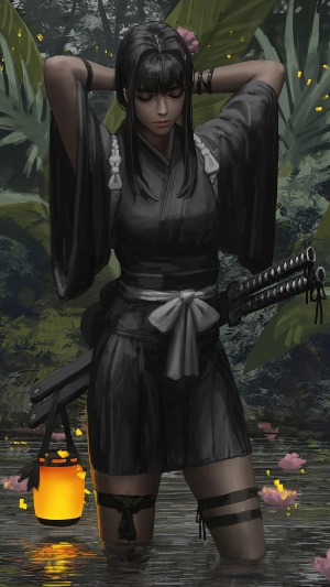 Samurai woman with swords and lantern in water