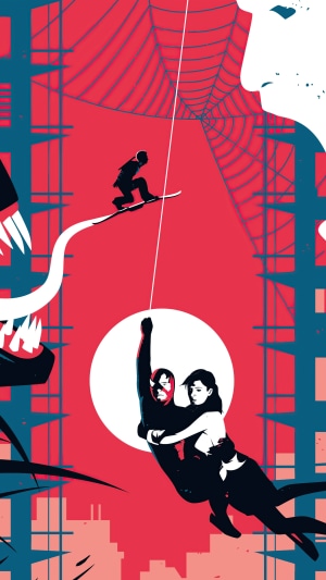 Spider-Man and Mary Jane swinging with Venom and a snowboarder