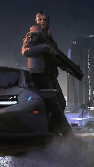 Man with rifle leaning on car in city