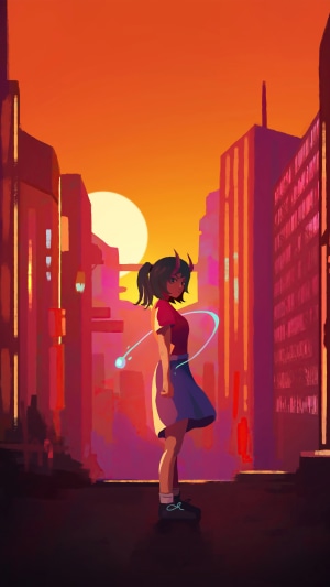 Anime girl with horns in a city at sunset